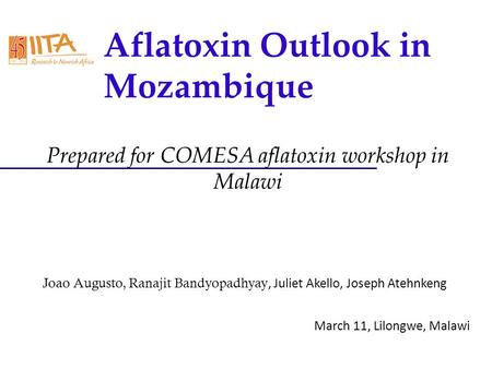 Prepared for COMESA aflatoxin workshop in Malawi Joao Augusto, Ranajit Bandyopadhyay, Juliet Akello, Joseph Atehnkeng March 11, Lilongwe, Malawi Aflatoxin.