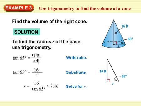 Use trigonometry to find the volume of a cone