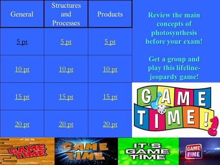 1 10 pt 15 pt 20 pt 5 pt 10 pt 15 pt 20 pt 5 pt 10 pt 15 pt 20 pt 5 pt General Structures and Processes Products Review the main concepts of photosynthesis.