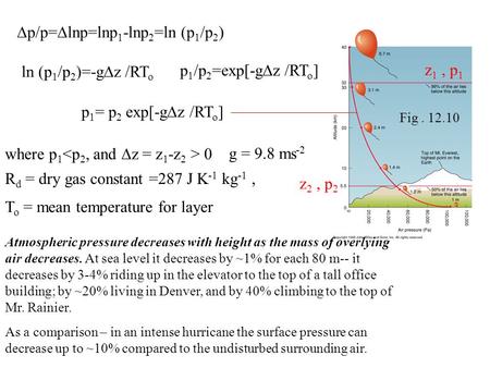  p/p=  lnp=lnp 1 -lnp 2 =ln (p 1 /p 2 ) ln (p 1 /p 2 )=-g  z /RT o p 1 /p 2 =exp[-g  z /RT o ] p 1 = p 2 exp[-g  z /RT o ] T o = mean temperature.