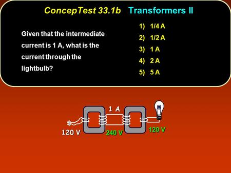 1) 1/4 A 2) 1/2 A 3) 1 A 4) 2 A 5) 5 A Given that the intermediate current is 1 A, what is the current through the lightbulb? ConcepTest 33.1b Transformers.