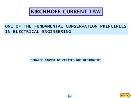 KIRCHHOFF CURRENT LAW ONE OF THE FUNDAMENTAL CONSERVATION PRINCIPLES IN ELECTRICAL ENGINEERING “ CHARGE CANNOT BE CREATED NOR DESTROYED ”