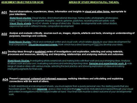 ASSESMENT OBJECTIVES FOR GCSE AREAS OF STUDY, WHICH FULFILL THE AO’s. AO1 Record observations, experiences, ideas, information and insights in visual and.