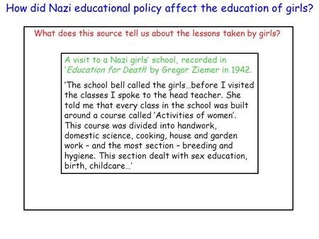 A visit to a Nazi girls’ school, recorded in ‘Education for Death’ by Gregor Ziemer in 1942. ‘The school bell called the girls…before I visited the classes.