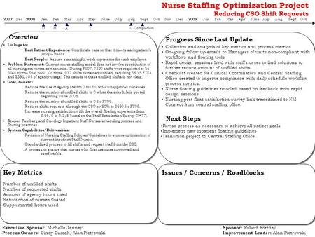 Nurse Staffing Optimization Project Reducing CSO Shift Requests 2007 Dec 2008 Jan Feb Mar Apr May June July Aug Sept Oct Nov Dec 2009 Jan Feb Mar Apr June.