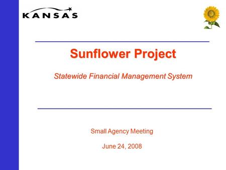 Small Agency Meeting June 24, 2008 Sunflower Project Statewide Financial Management System.