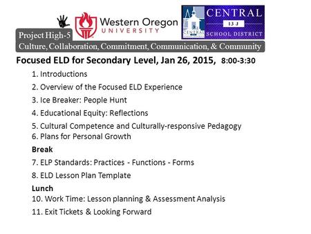 Focused ELD for Secondary Level, Jan 26, 2015, 8:00-3:30 1. Introductions 2. Overview of the Focused ELD Experience 3. Ice Breaker: People Hunt 4. Educational.