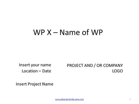 WP X – Name of WP 1 Insert your name Location – Date Insert Project Name PROJECT AND / OR COMPANY LOGO www.edoardo-binda-zane.com.