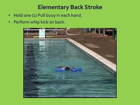 Elementary Back Stroke Hold one (1) Pull buoy in each hand. Perform whip kick on back.