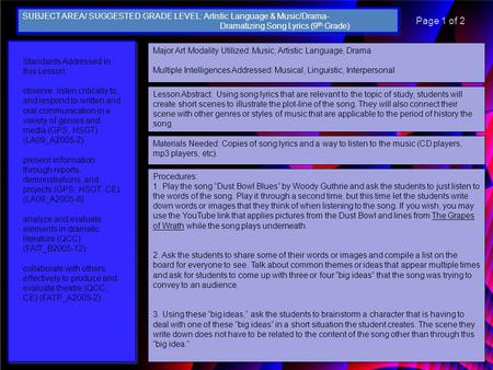 Major Art Modality Utilized: Music, Artistic Language, Drama Multiple Intelligences Addressed: Musical, Linguistic, Interpersonal Lesson Abstract: Using.