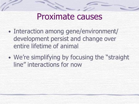 Proximate causes Interaction among gene/environment/ development persist and change over entire lifetime of animal We’re simplifying by focusing the “straight.