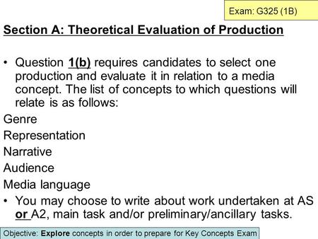 Exam: G325 (1B) Section A: Theoretical Evaluation of Production Question 1(b) requires candidates to select one production and evaluate it in relation.