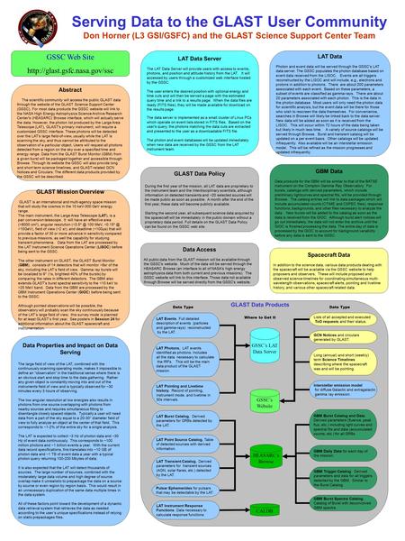 Serving Data to the GLAST User Community Don Horner (L3 GSI/GSFC) and the GLAST Science Support Center Team Data Properties and Impact on Data Serving.