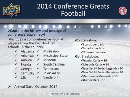 2014 Conference Greats Football  Configuration: 8 cards per pack 24packs per box 12 boxes per case  Set Breakdown: Regular Cards – 86 Schedule Cards.