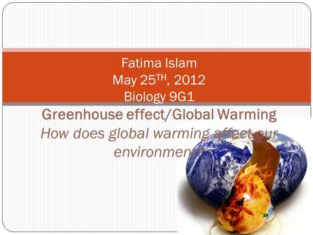 Fatima Islam May 25 TH, 2012 Biology 9G1 Greenhouse effect/Global Warming How does global warming affect our environment?