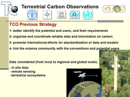 Terrestrial Carbon Observations TCO Previous Strategy 1- better identify the potential end users, and their requirements 2- organize and coordinate reliable.