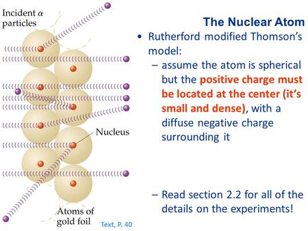 The Nuclear Atom Rutherford modified Thomson’s model: –assume the atom is spherical but the positive charge must be located at the center (it’s small and.