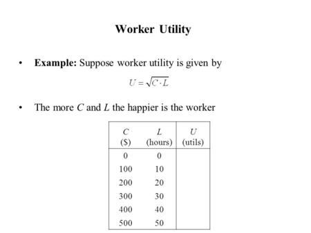 Example: Suppose worker utility is given by The more C and L the happier is the worker Worker Utility C ($) L (hours) U (utils) 000 1001031.6 2002063.3.