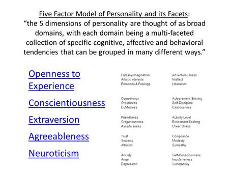 Five Factor Model of Personality and its Facets: “the 5 dimensions of personality are thought of as broad domains, with each domain being a multi-faceted.