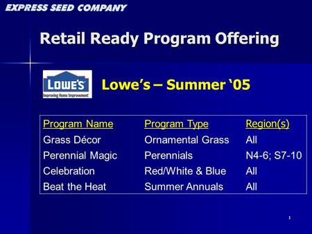 1 Retail Ready Program Offering Program NameProgram TypeRegion(s) Grass DécorOrnamental GrassAll Perennial MagicPerennialsN4-6; S7-10 CelebrationRed/White.