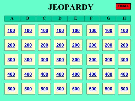 JEOPARDY 100 200 100 200 300 400 500 300 400 500 100 200 300 400 500 100 200 300 400 500 100 200 300 400 500 FINAL 100 200 300 400 500 100 200 300 400.