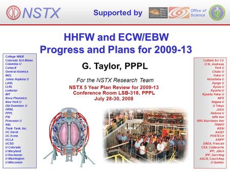 HHFW and ECW/EBW Progress and Plans for 2009-13 Office of Science G. Taylor, PPPL For the NSTX Research Team NSTX 5 Year Plan Review for 2009-13 Conference.