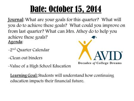 Date: October 15, 2014 Journal: What are your goals for this quarter? What will you do to achieve these goals? What could you improve on from last quarter?