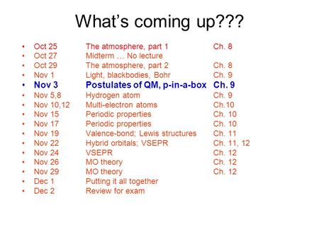 What’s coming up??? Oct 25The atmosphere, part 1Ch. 8 Oct 27Midterm … No lecture Oct 29The atmosphere, part 2Ch. 8 Nov 1Light, blackbodies, BohrCh. 9 Nov.