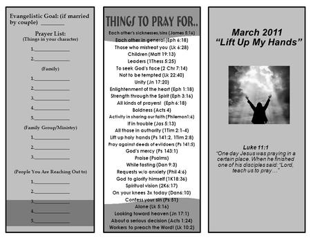 Luke 11:1 “One day Jesus was praying in a certain place. When he finished one of his disciples said: “Lord, teach us to pray…” March 2011 “Lift Up My Hands”