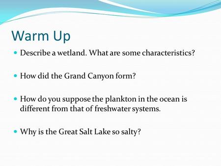 Warm Up Describe a wetland. What are some characteristics?