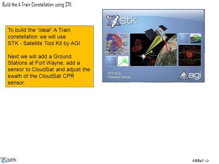 AGBell -1- Build the A Train Constellation using STK To build the “ideal” A Train constellation we will use STK - Satellite Tool Kit by AGI Next we will.