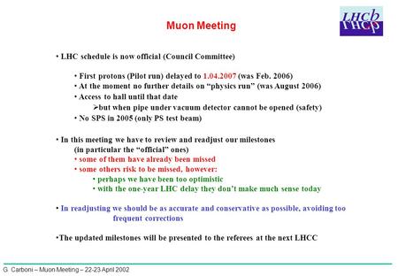 G. Carboni – Muon Meeting – 22-23 April 2002 Muon Meeting LHC schedule is now official (Council Committee) First protons (Pilot run) delayed to 1.04.2007.