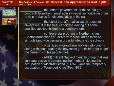 Getting to California ____________ - the federal government, or those that get contracts from them, must actively recruit minorities in order to help.