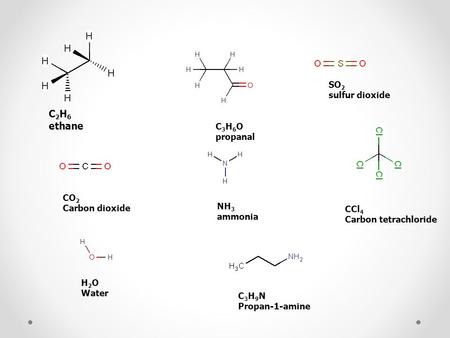 C 2 H 6 ethane C 3 H 6 O propanal SO 2 sulfur dioxide CO 2 Carbon dioxide NH 3 ammonia CCl 4 Carbon tetrachloride H 2 O Water C 3 H 9 N Propan-1-amine.