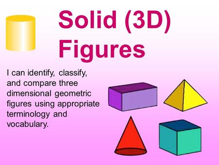 Solid (3D) Figures I can identify, classify, and compare three dimensional geometric figures using appropriate terminology and vocabulary.