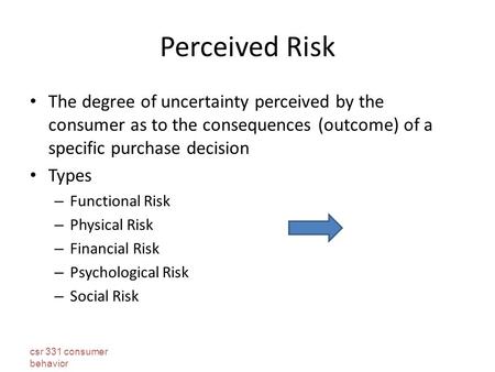 Perceived Risk The degree of uncertainty perceived by the consumer as to the consequences (outcome) of a specific purchase decision Types Functional Risk.