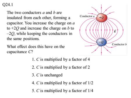 The two conductors a and b are insulated from each other, forming a capacitor. You increase the charge on a to +2Q and increase the charge on b to –2Q,