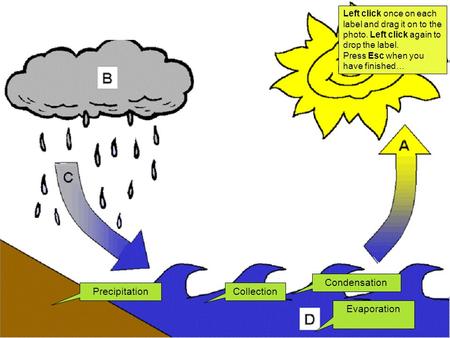 CollectionPrecipitation Evaporation Condensation Left click once on each label and drag it on to the photo. Left click again to drop the label. Press Esc.