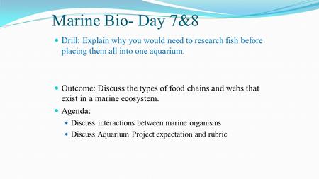 Marine Bio- Day 7&8 Drill: Explain why you would need to research fish before placing them all into one aquarium. Outcome: Discuss the types of food chains.