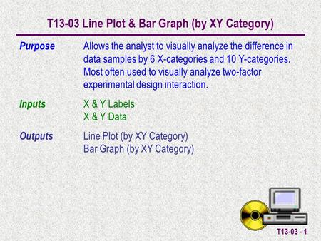 T13-03 - 1 T13-03 Line Plot & Bar Graph (by XY Category) Purpose Allows the analyst to visually analyze the difference in data samples by 6 X-categories.