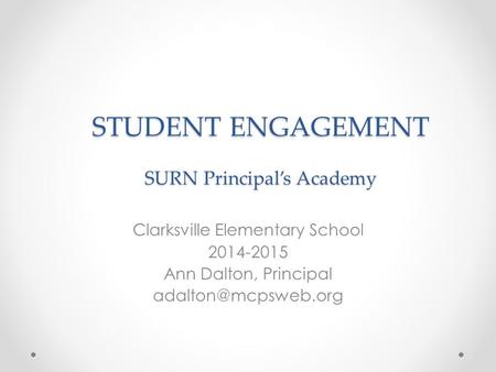 STUDENT ENGAGEMENT SURN Principal’s Academy Clarksville Elementary School 2014-2015 Ann Dalton, Principal