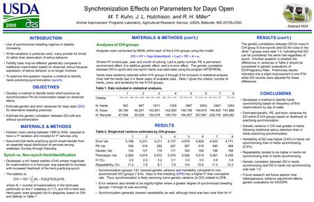 Synchronization Effects on Parameters for Days Open M. T. Kuhn, J. L. Hutchison, and R. H. Miller* Animal Improvement Programs Laboratory, Agricultural.