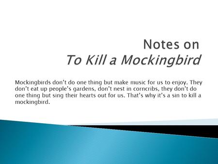 Mockingbirds don’t do one thing but make music for us to enjoy. They don’t eat up people’s gardens, don’t nest in corncribs, they don’t do one thing but.