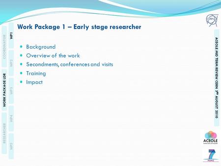 WP1 WP2 WP3 WP4 WP5 COORDINATOR WORK PACKAGE LDR RESEARCHER ACEOLE MID TERM REVIEW CERN 3 RD AUGUST 2010 Background Overview of the work Secondments, conferences.