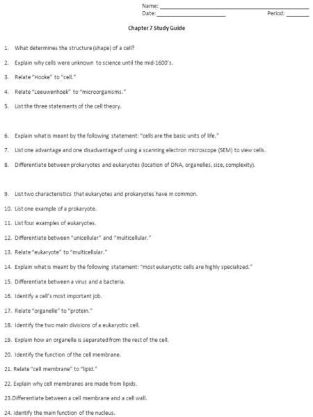 Name: Date: Period: Chapter 7 Study Guide 1.What determines the structure (shape) of a cell? 2.Explain why cells were unknown to science until the mid-1600’s.