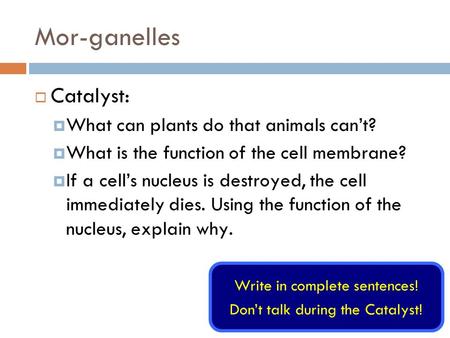 Mor-ganelles  Catalyst:  What can plants do that animals can’t?  What is the function of the cell membrane?  If a cell’s nucleus is destroyed, the.