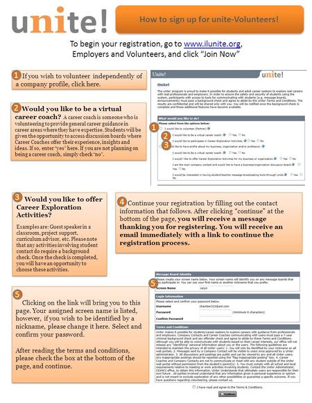 How to sign up for unite-Volunteers! To begin your registration, go to www.ilunite.org,www.ilunite.org Employers and Volunteers, and click “Join Now” If.