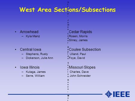 West Area Sections/Subsections ArrowheadCedar Rapids –Kyla Manz Rosen, Morris Sliney, James Central Iowa Coulee Subsection –Stephens, Rusty Ulland, Paul.