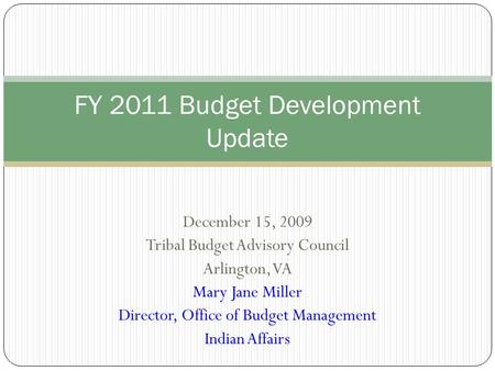 December 15, 2009 Tribal Budget Advisory Council Arlington, VA Mary Jane Miller Director, Office of Budget Management Indian Affairs FY 2011 Budget Development.