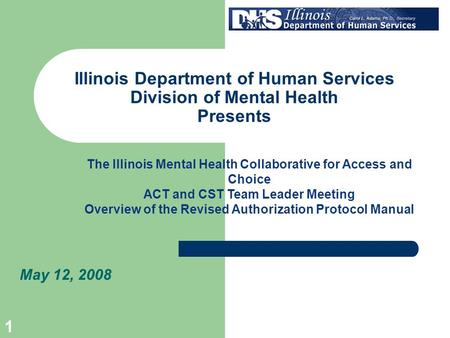 1 Illinois Department of Human Services Division of Mental Health Presents May 12, 2008 The Illinois Mental Health Collaborative for Access and Choice.